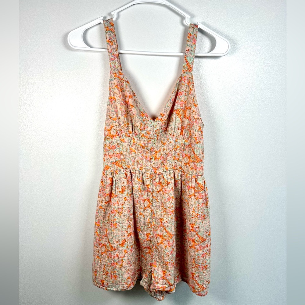 American Eagle Outfitters Orange Smocked Floral Romper small Summer cott…